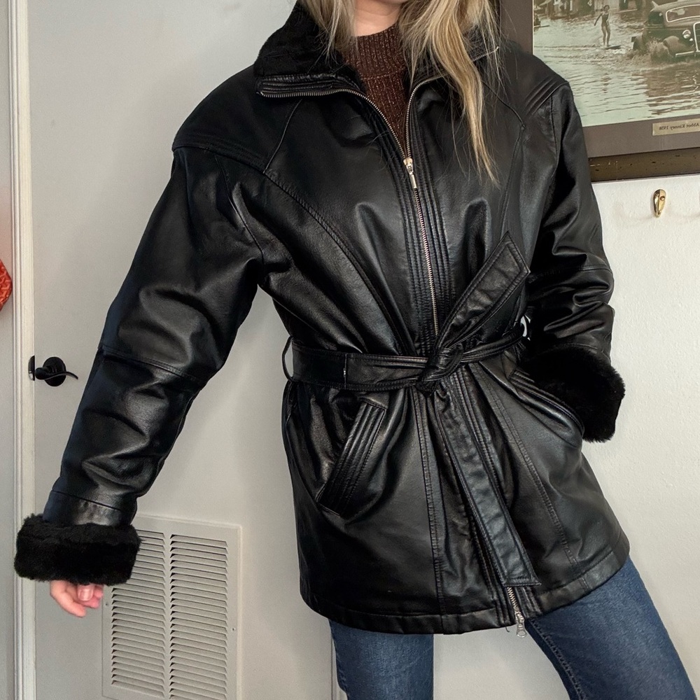 Vintage Wilsons Leather Black Shearling-Lined Belted Leather Coat